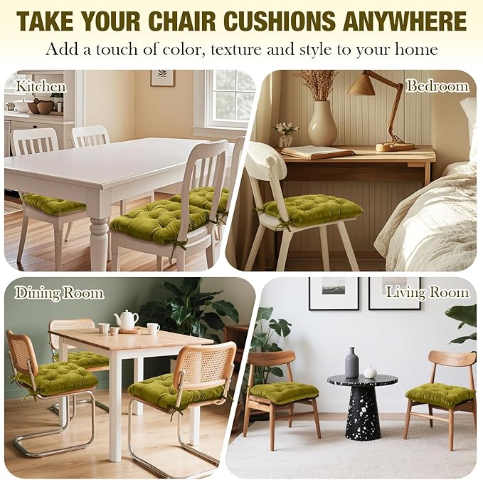 Nuanchu Memory Foam Chair Cushions Set of 4, Thick Indoor Seat Cushions for Dining Chairs Tufted Seat Pads for Kitchen, Dining Room, Office,(Mustard Green,15.5"x15.5"x4")