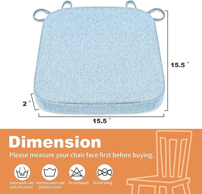 SINOSSO Memory Foam Chair Cushion for Folding Chair 1 Pcs, Thickened 2" Square Kitchen Chair Pad with Ties, Indoor Non-Slip Dining Chair Seat Cushion (1 Piece, Water Blue)