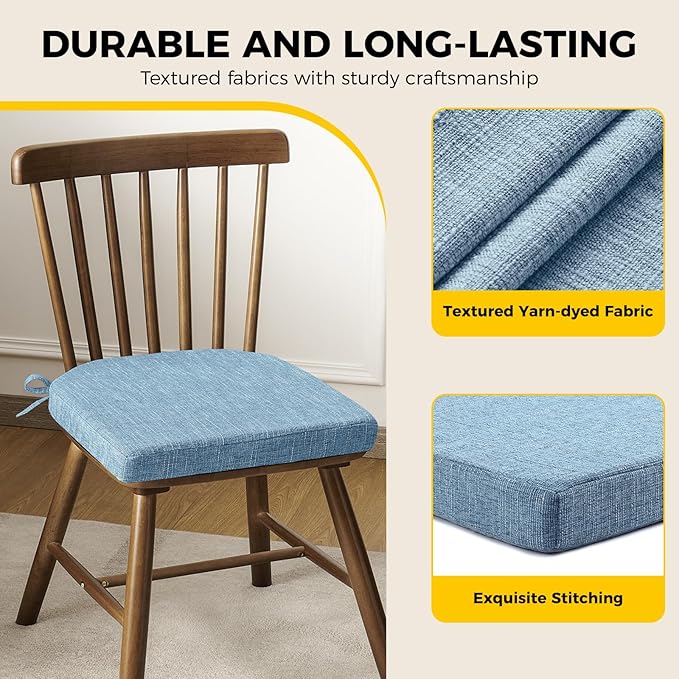 downluxe Indoor Chair Cushions for Dining Chairs, Soft and Comfortable Textured Foam Kitchen Chair Pads with Ties and Non-Slip Backing, 16" x 16" x 2", Light Blue, 4 Pack