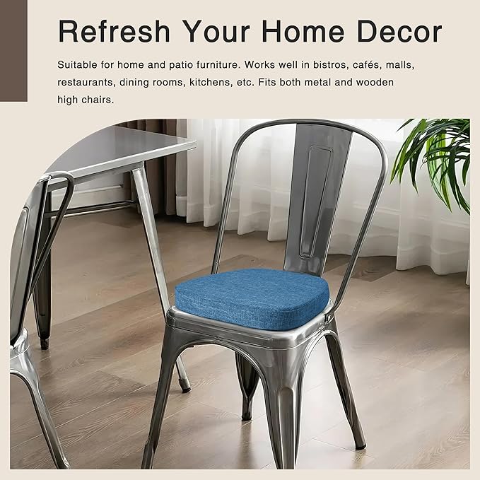OVOV 14x14 Chair Cushions for Metal Dining Chairs Set of 2 Non Slip Thick Textured Chair Pads for Dining Chairs with Ties and Removable Cover (2, Blue)