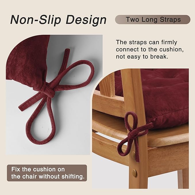 OVOV 6 Pack Chair Cushions for Dining Chairs Soft Seat Cushions for Kitchen Desk Chairs Square Chair Pads with Ties (15.5"x15.5" Burgundy)
