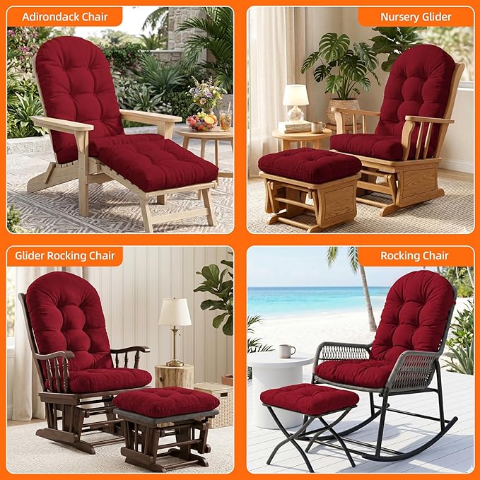 Rocking Chair Cushion Set - Soft Chenille 2-Piece Seat & Ottoman Pad, Tufted Non-Slip Design, High-Density Foam Nursery Glider Cushions, All-Season Indoor/Outdoor Rocker Comfort, Red