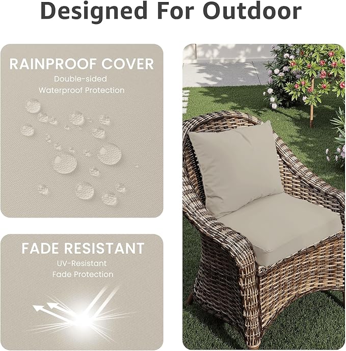 PatioGlow Outdoor Chair Cushions 19 x 19 x 3 Inch, Waterproof & Fade Resistant Patio Seat Cushion for Furniture with Handle and Ties, Thick Seating Pads for Outside Sofa Couch Set of 2, Cream