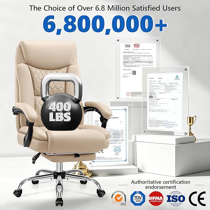 Big and Tall Office Chair 400lbs - Wide Memory Foam Seat with Spring Pack, Reclining Executive Desk Chair with Footrest, Ergonomic Heavy Duty High Back Computer Chair, Khaki