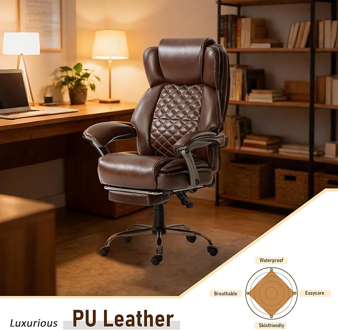 DYHOME 500 lbs Office Chair with Foot Rest, Ergonomic Reclining Big and Tall Office Desk Chair with Lumbar Support & Pocket Spring Cushion, High Back Computer Chair, PU, Thicker Seat Cushion (Brown)