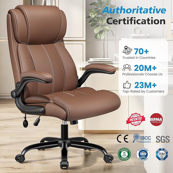 Ergonomic Office Chair – High Back Leather Desk Chair with Adjustable Lumbar Support & Flip-Up Arms, Premium Padded Seat for Home Office Desk, Brown