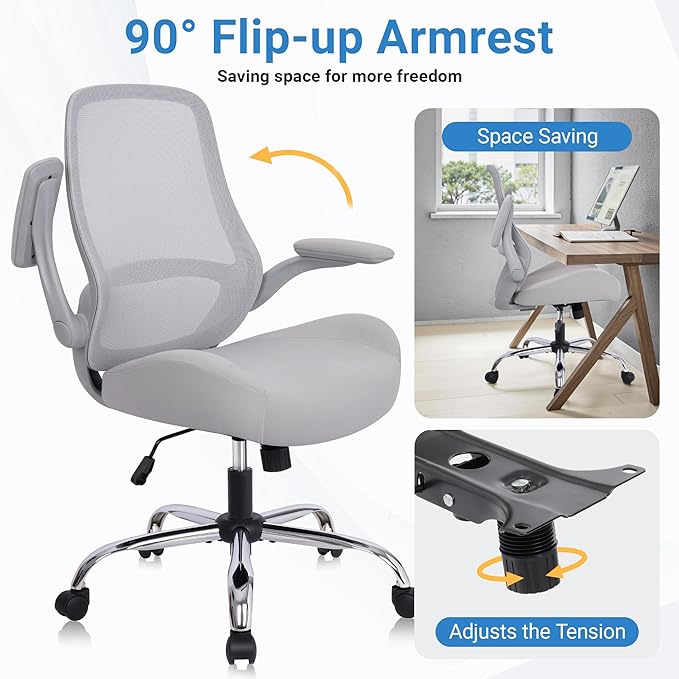 HYLONE Office Chair Ergonomic Desk Chair with Flip up Armrests, 5" Thickened Seat Computer Chair with Breathable Mesh Back Home Office Computer Chairs for Long Hours Mesh Executive Chair(Grey)