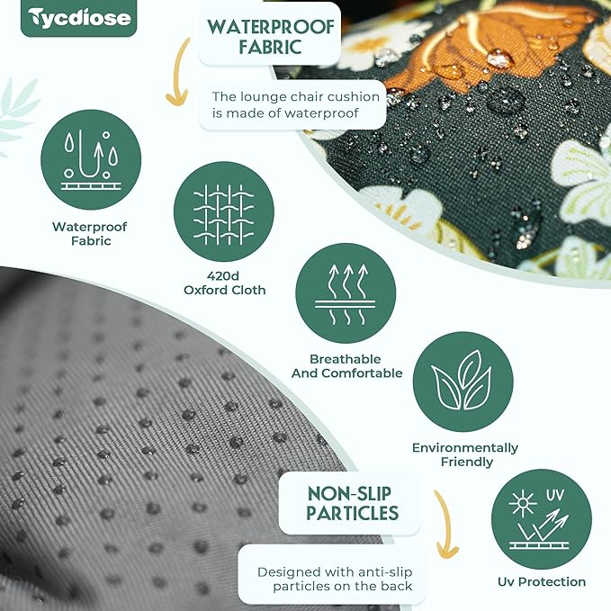 Outdoor Chaise Lounge Chair Cushion Waterproof 74.4 x 22 x 4.7 Inches Memory Foam Lounge Chair Cushions for Outdoor Furniture with Ties, Thickened Pool Lounge Chair Cushion, Green Floral