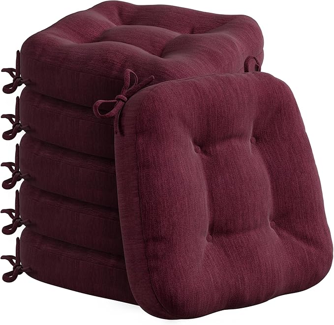Codi 6 Pack Dining Chair Cushions, Thick Chairs Pads for Indoor Kitchen Room - Washable, Non-Slip Memory Foam Seat Cushion with Ties, 16.5"x16.5"x 3.5", Set of 6, Wine New