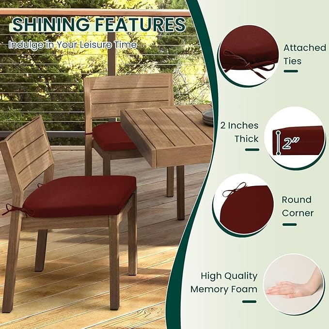 HARBOREST Outdoor Chair Cushions Set of 2, Water Resistant Patio Chair Cushions with Ties, Outdoor Seat Cushions for Patio Furniture, 17"x16"x2", Burgundy