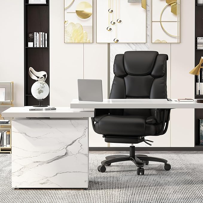 GYI 160 Reclining Office Chair with Footrest, Big and Tall High Back Home Office Chair, Leather Computer Desk Chair with Cross Legged Seat, Arms, Wheels, Black