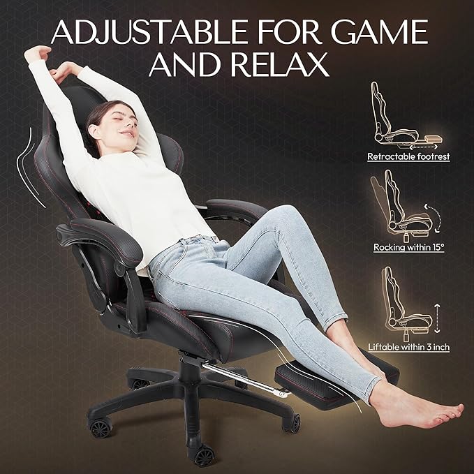 Dowinx Big & Tall Vintage Gaming Chair for Adults, 400 lb Capacity Heavy Duty Ergonomic Computer Chair with Massage Lumbar, Footrest & Easy Side Recline, Black