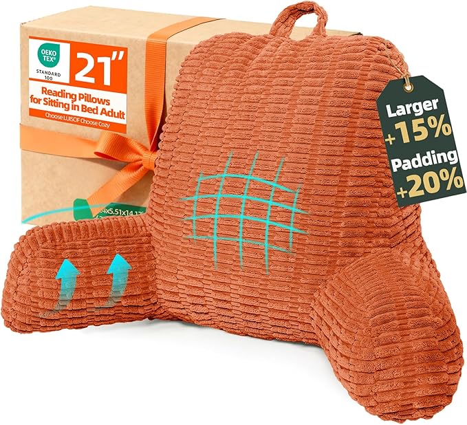 21" Higher Large Reading Pillow for Bed Adult, Back Pillow for Bed Sitting Up with Memory Foam Back Support with Arms Rest for Couch Chair Caramel