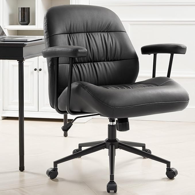 IWMH Leather Office Chair with Removable Armrests，Mid-Back Ergonomic Desk Chair with Lumbar Support，Adjustable Height 360° Swivel Executive Task Chairs for Home Office (Black)