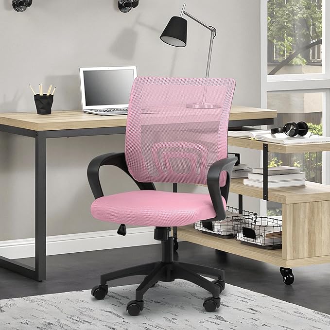MoNiBloom Mesh Office Chair, Ergonomic Computer Chair for Adults, Rolling Swivel Mid-Back Desk Chair with Lumbar Support, Comfy Armrest for Home Office, Gaming, Pink 10 Pack