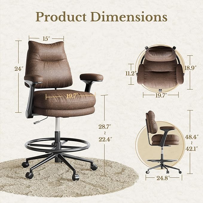 Executive Drafting Chair, Extral Thick Tall Office Chair with Padded Flip-Up Armrests, Mid-Back Cushioned Seat, 360° Swivel Rolling Computer Desk Chair, Vintage Brown
