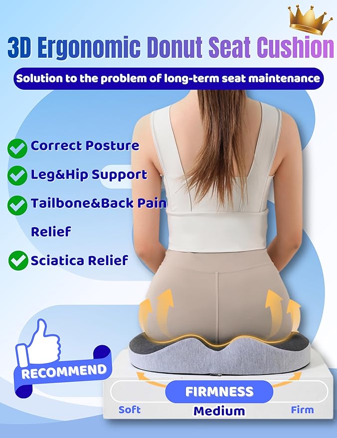 Donut Pillow for Tailbone Pain,Memory Foam Hemorrhoids Pillow for Sciatica Pain,Relief Ergonomic Donut Seat Cushion for Office Chair,Car,Wheelchair,Pregnancy,Coccyx and Washable(Black&Gray)