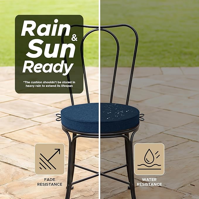 Outdoor Round Chair Cushions 15 Inch, Fade-Resistant & Water-Resistant, Bistro Chair Seat Pads for Porch Garden Balcony Patio Furniture Stools, Non-Slip Bottom, Set of 2, Navy Blue