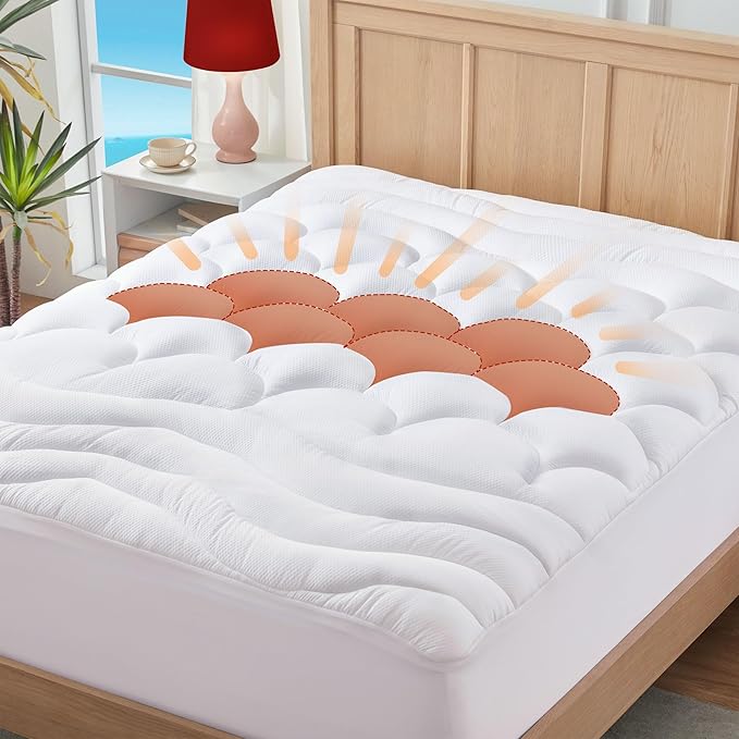 ELVEN HOME King Mattress Pad for Back & Hip Pain Relief, Pillow Top Cooling Bed Topper Quilted Fitted, Hotel Quality Deep Pocket Soft King Mattress Protector Cover Washable (78x80 inch, White)