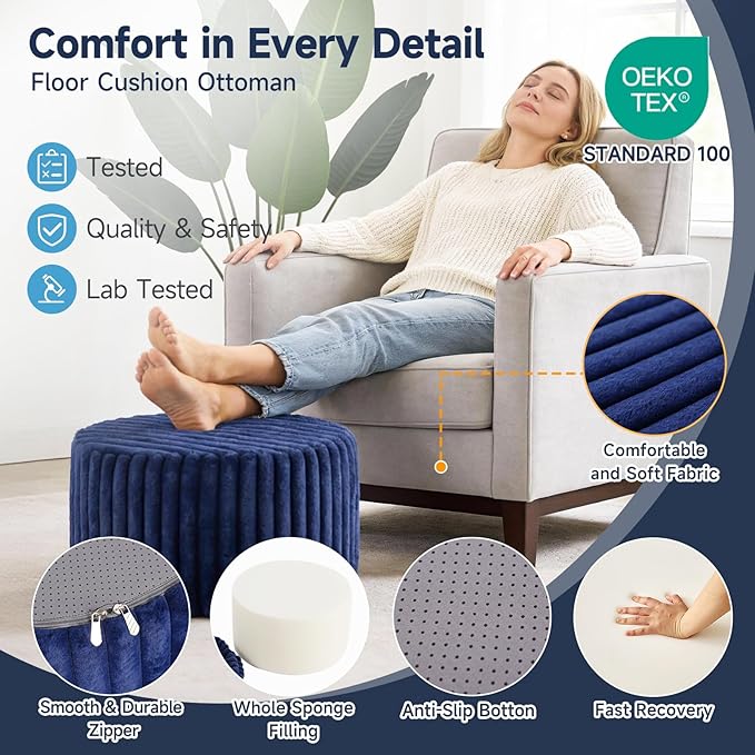 Tiita Round Stuffed Pouf Ottoman, Stripe Faux Fur Poufs with Foam Chunk Filling, Furry and Fluffy Pouf 21×21×12 inch Foot Stool Storage Ottoman,Puff Office Foot Rest for Couch Living Room, Navy Blue