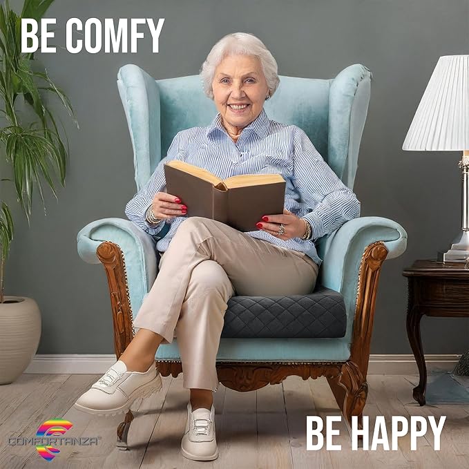 Medium-Soft 20x20x4 Memory Foam Recliner Chair Seat Cushion for Long Sitting - Armchair Pad with Washable Velvety Cover with Waterproof Layer & Non-Slip Base for Seniors & Elderly - Black