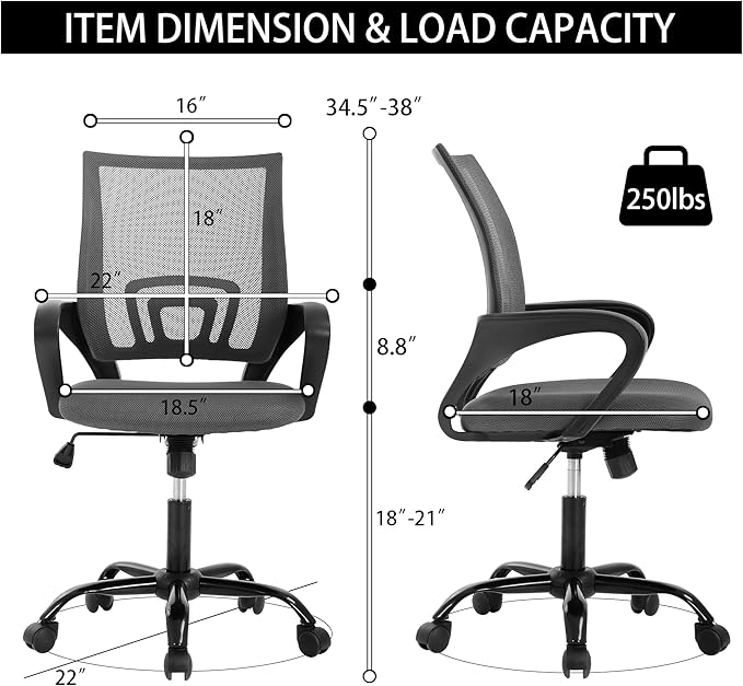 Ergonomic Office Chair – Mesh Computer Chair w/Lumbar Support, Adjustable Height & Tilt, Swivel Desk Chair for Home & Office (Black), Metal Base, Gray