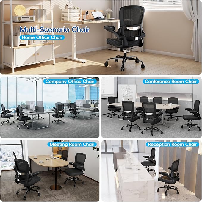 TRALT Ergonomic Office Chair - Desk Chair with Adjustable Headrest Lumbar Support Computer Chair - Mesh Comfy Chair with Flip-up Armrests - Gaming Chair for Adults Home Office PU, Black, Pack of 2
