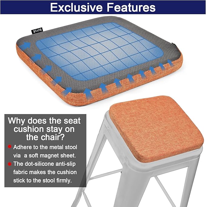 BUYUE Friendly Woven Fabric Magnetic Bar Stool Cushions Set of 4, Enhanced Anti-Slip Breathable Small Chair Seat Pads for Café Bistro Stackable Metal Stools (Square, Orange, 4 Counts)