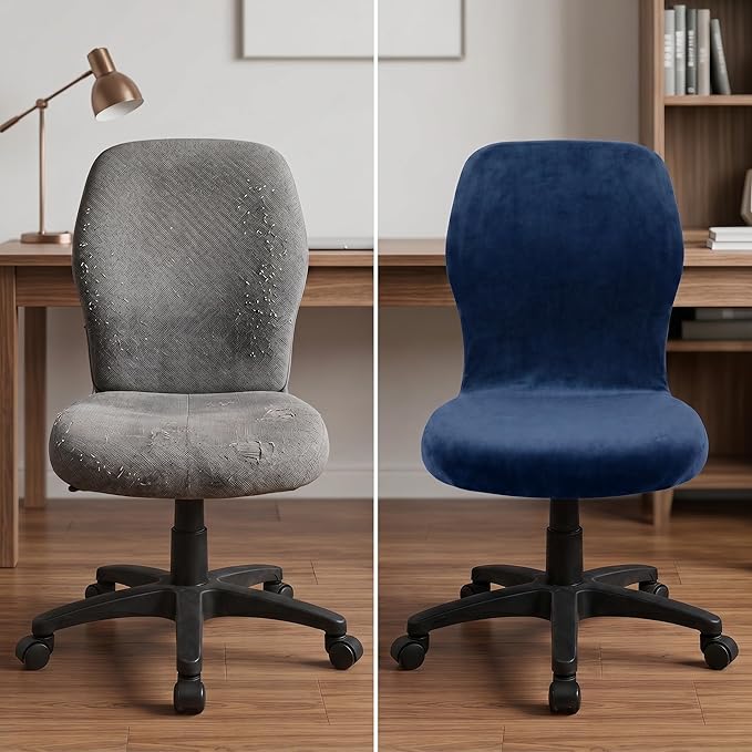 Deisy Dee Velvet Stretch Armless Office Chair Covers - Colorful Stretch Slipcover for Desk Chairs (Navy)