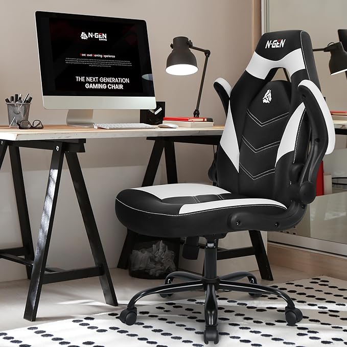 N-GEN Video Gaming Chair Ergonomic Computer Desk Office Chair with Lumbar Support Adjustable Height Swivel Wheels Flip-Up Arms PU Leather Home and Office (White)