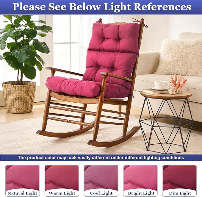 Rocking Chair Cushion, Waterproof and Fade-Resistant Adirondack Rocker Cushions, Indoor/Outdoor Rocking Chair Pads, High Back Memory Foam Patio Furniture Cushions with Ties, 44x23x4 Inch, Burgundy