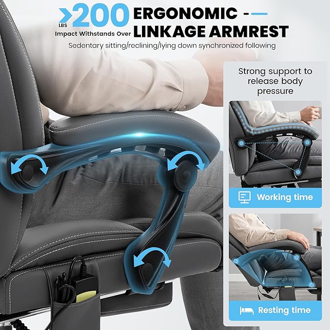 Massage & Heat Office Chair with Footrest, 400LBS Reclining Ergonomic Executive Chair for Big & Tall, High Back Home Office & Gaming Desk Chairs for Heavy People, Grey