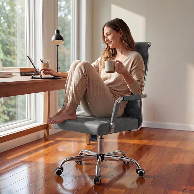 Furmax Ergonomic Office Desk Chair, Executive Ribbed Mid-Back PU Leather Conference Room Chair Adjustable Swivel Chair with Arms (1, Bicolor Vintage Grey)