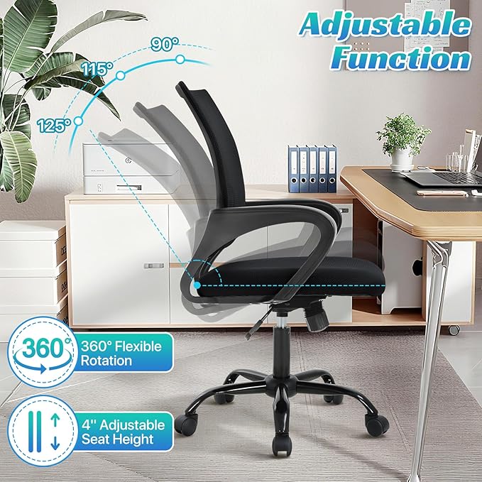 Ergonomic Office Chair Mesh Mid Back with Lumbar Support Armrest, Adjustable Home Desk Chair Comfy Computer Task Drafting Rolling Swivel Chairs for Gaming, Home Work, Study, Black