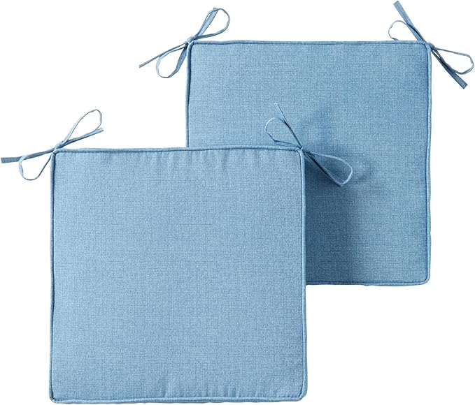 Outdoor 18 inch Square Patio Dining Chair Pads – Comfortable Fiber-Filled Seat Cushions with Ties, Reversible Polyester Fabric - Denim, Set of 2