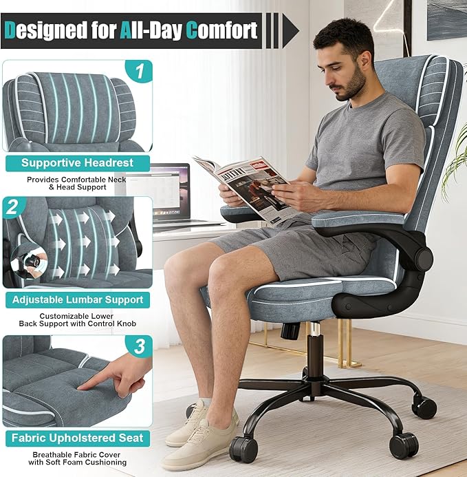 Big and Tall Office Chair with Adjustable Lumbar Support,Breathable Fabric High Back Desk Computer Chair with Adjustable Flip-up Armrests,Ergonomic Swivel PC Chair with Rocking Function