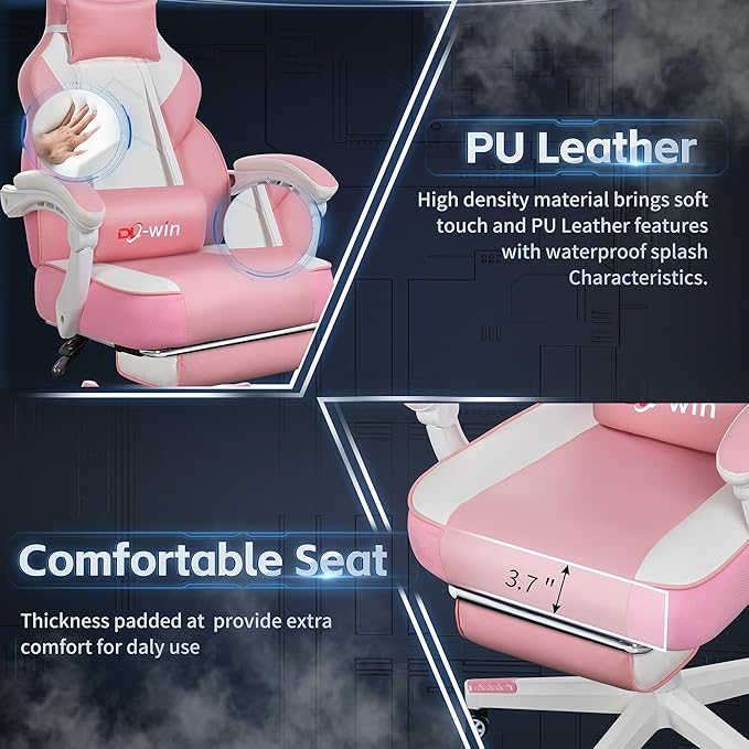 DL-win Video Gaming Chairs for Adults, Gamer Chair with Footrest, High Back, Big and Tall Gamer Chair‘s with Massage Lumbar Support, 360° Swivel Height Adjustable Computer Chaires, Pink