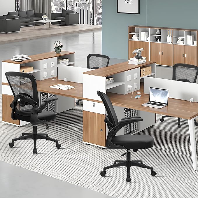 KLASIKA Desk Chairs with Wheels, Ergonomic Mesh Back PU Leather Seat Home Office Adjustable Lumbar Support and Height Swivel Rolling Computer Task Chair with Flip Up Arms for Conference, Black, 2PK
