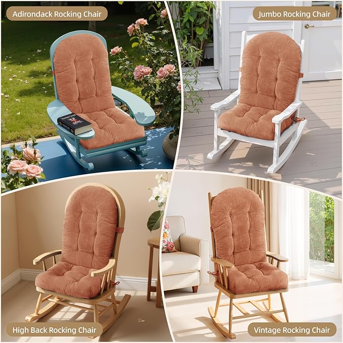 Rocking Chair Cushion - Corduroy Fabric, High-Density Sponge, Durable Comfort Non-Slip Bottom Tufted Seat Pads with Ties, Corduroy︱Brown, 44x19x4 inch