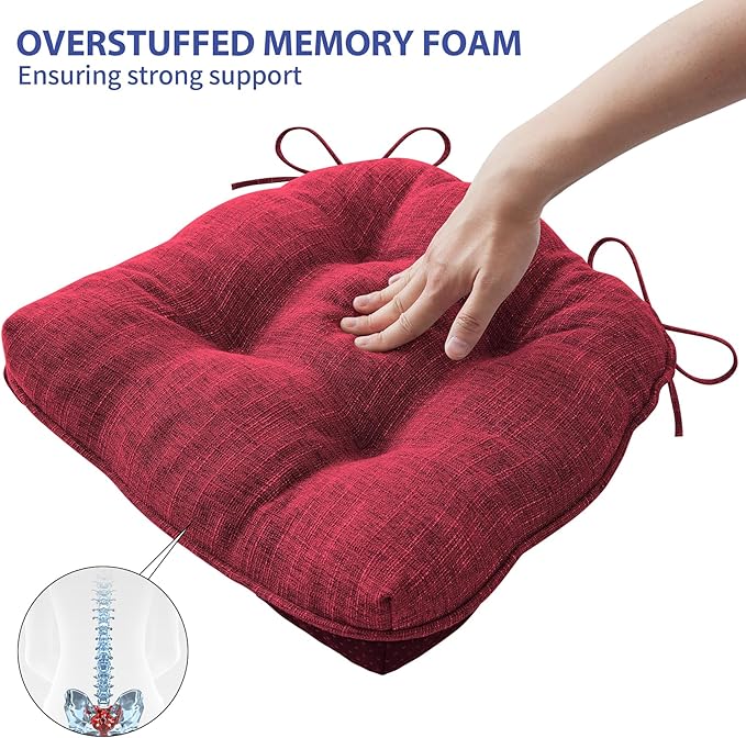 IPYNBAP Chair Cushions for Dining Chairs Set of 4, Red Kitchen Chair Cushions, Chair Pads with Ties and Non Slip Backing, Christmas Room Decor, Tufted Memory Foam Seat Cushion 4 Pack, 15.5"x15.5"x4"
