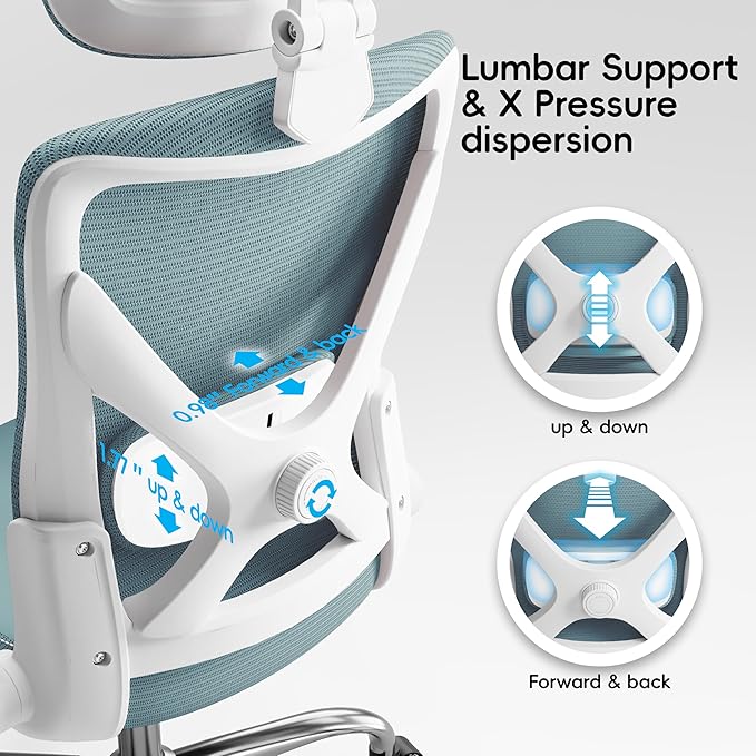 Ergalithic Office Home Ergonomic Desk Chair-Computer X-Shaped Chair Mesh PU Leather with Adjustable Lumbar Support-Executive Chair High Back with Headrest Flip-Up Arms for Long Hours (Sky Blue)