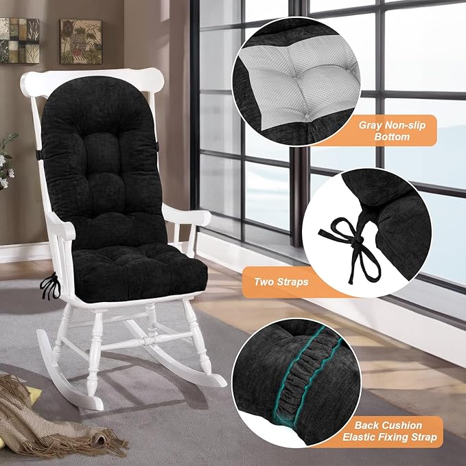 Rocking Chair Cushion - Chenille Fabric, High-Density Sponge, Durable Comfort Non-Slip Bottom Tufted Seat Pads with Ties, Chenille︱Black, 44x19x4 inch