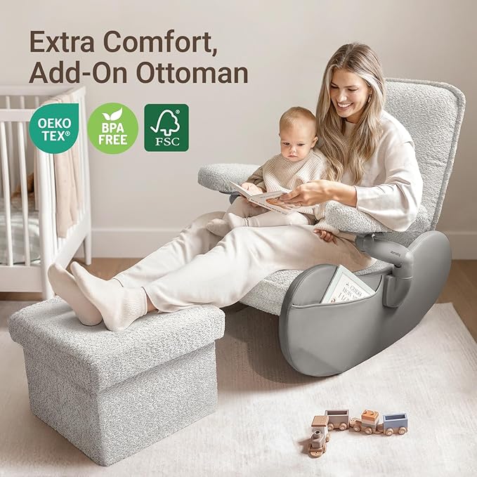 MAMAZING Lullabud Nursery Rocking Chair Glider with Adjustable Armrests for Breastfeeding, Upholstered Nursing Chair with Removable Cover for Mom and Baby(Light Grey/Light Grey)