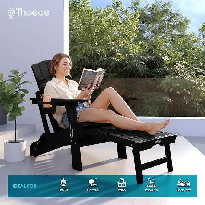 THOEOE Adjustable Adirondack Chair with Retractable Ottoman, HDEP Folding Adirondack Chairs with Footrest 2-in-1 Cup Holder, All Weather Outoor Fire Pit Chair with Foot Rest Set 8 Black