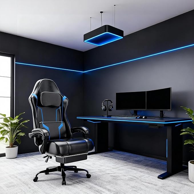 Ergonomic Gaming Chair, Video Game Chair with Pocket Spring Cushion and Footrest, Height Adjustable Computer Chair with Swivel Seat and Headrest (Blue)