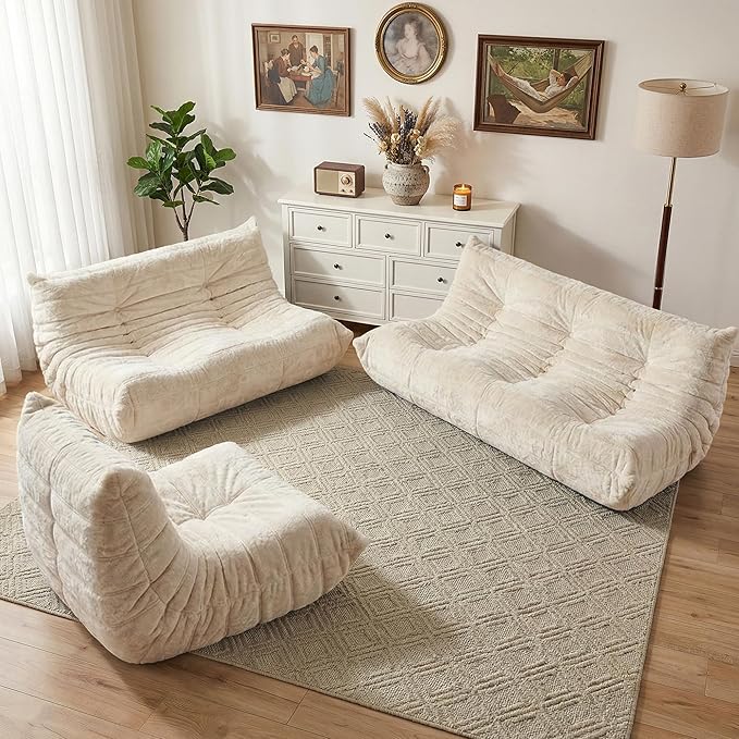 HABUTWAY Bean Bag Chair, Giant Bean Bag Chairs for Adults, Loveseat Fireside Chair, 2 Seater Lazy Bean Bag Sofa Memory Foam Couch for Living Room, Bedroom, Office (Beige)