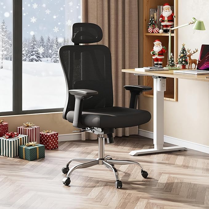 DEVAISE Ergonomic Mesh Office Chair with Adjustable 3D Headrest and Tilt Function, Big and Tall Reclining Comfy Home Computer Desk Chair with Lumbar Support and 3D Armrests, Black