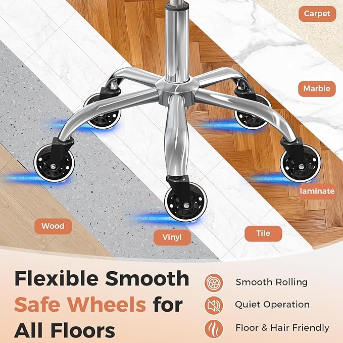Rolling Stool Chair with Wheels, Height Adjustable Stool with Back Support, Office Drafting Chair with PU Leather Cushion for Home Office Kitchen Vanity Salon Garage Tattoo Dentist Esthetician(White)