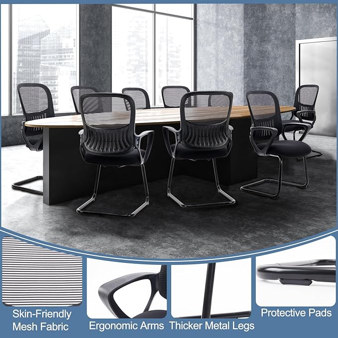 Yapamar Office Desk Chair No Wheels, Ergonomic Executive Sled Base Mesh Computer Chairs with Comfy Arms and Lumbar Support for Home Conference Room Bedroom - 2 Pack