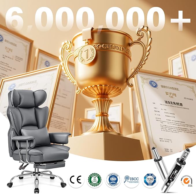 ALLGOD Office Chair Comfy, Big and Tall Executive Leather Chair, High Back Ergonomic Wide Chair with Footrest, Reclining Computer Desk Chair, Heavy Duty Gaming Chair with Padded Arm and Pillow, Grey